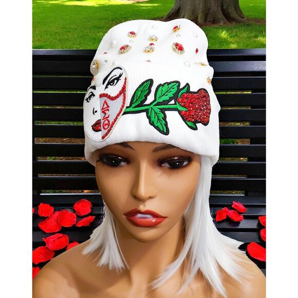 Delta Sigma Theta Beanie White, Red design with Rose, Rhinestone and Pearls - Picture 1 of 5